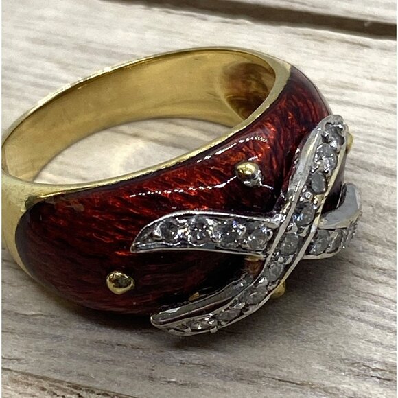 Hidalgo 18K 750 Yellow Gold Diamond Enamel Ring Size 6.5 - Picture 9 of 10